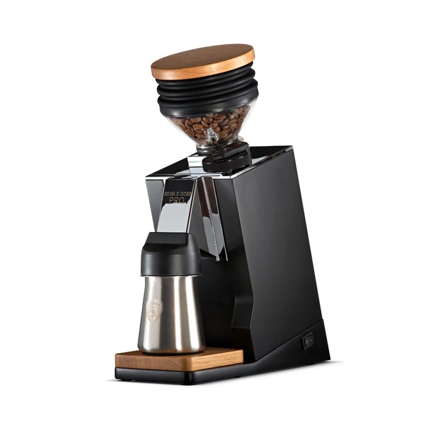 Eureka Mignon Oro Single Dose Pro grinder in black with walnut accents
