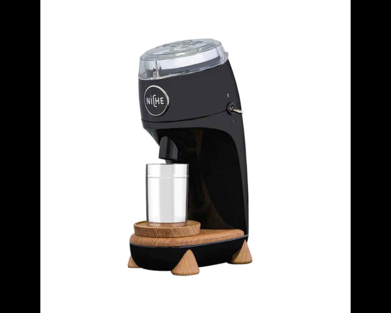 Niche Zero single-dose grinder in white with walnut base